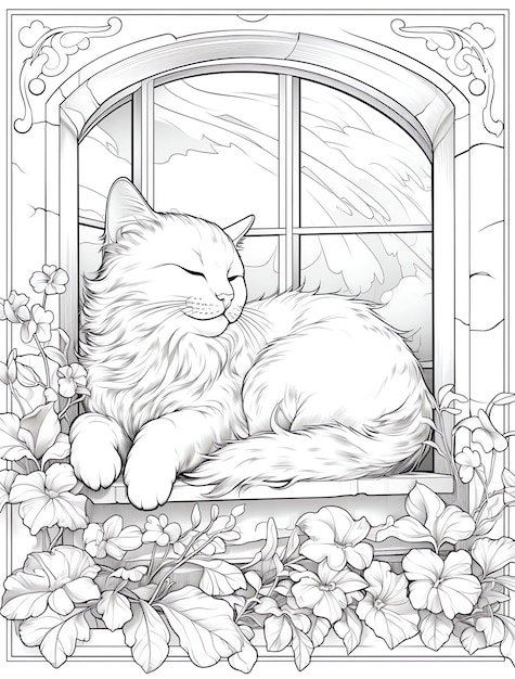 a cat sleeping on a window sill with flowers in the window