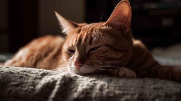 A cat sleeps on a bed with its eyes closed.