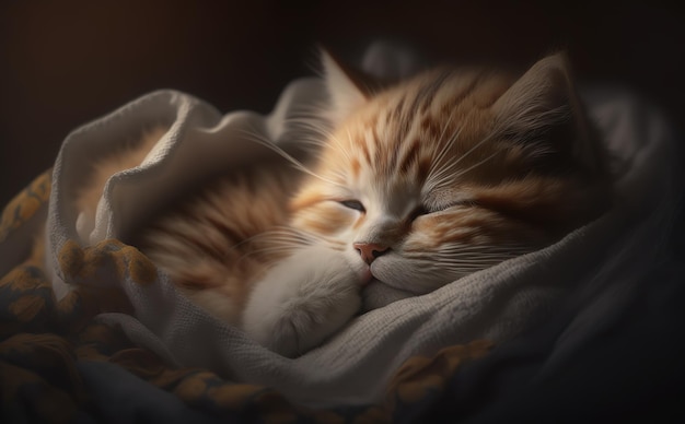 A cat sleeps on a blanket with the light shining on it.