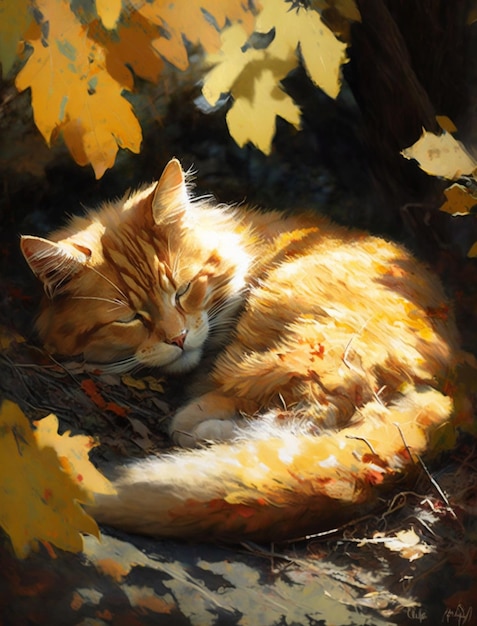 A cat sleeps in a fall landscape.