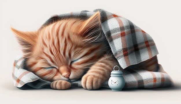 A cat sleeps under a plaid blanket with a small pot on it.