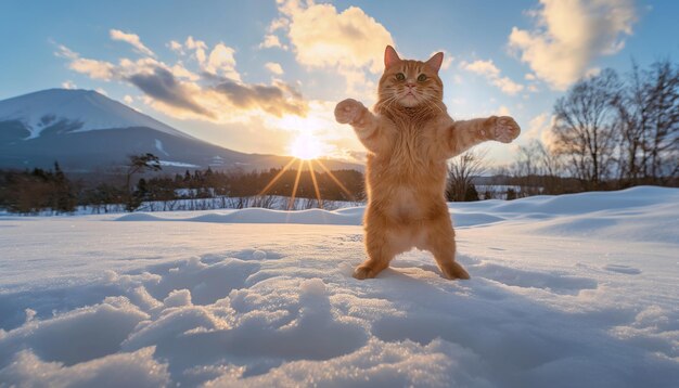 a cat in the snow with the sun behind him