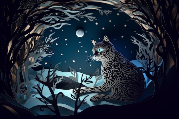 A cat in a snowy forest with the moon in the background.