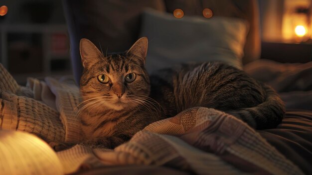 Cat on a sofa cozy living room with soft ambient lighting peaceful and inviting atmosphere