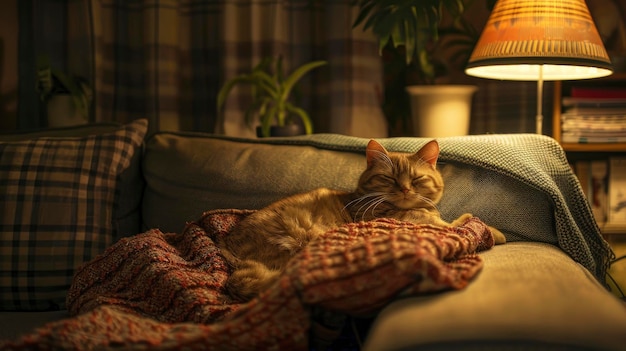 Cat on a sofa cozy living room with soft ambient lighting peaceful and inviting atmosphere