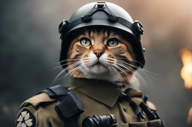 Cat soldier A cat in military uniform at war Military cat in a helmet