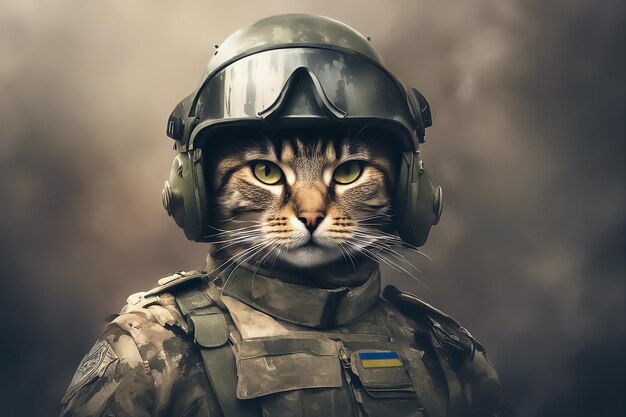 Cat soldier Cat in military uniform with a Ukrainian chevron Military cat in a helmet Concept