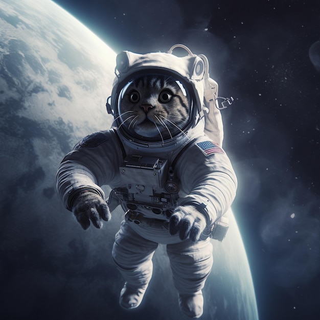 A cat in a space suit is flying in the sky.