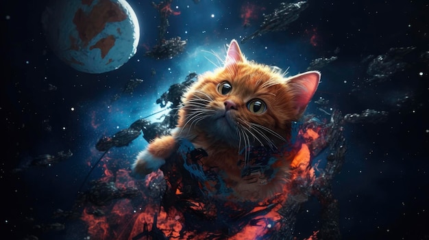 A cat in space with the planet earth in the background.