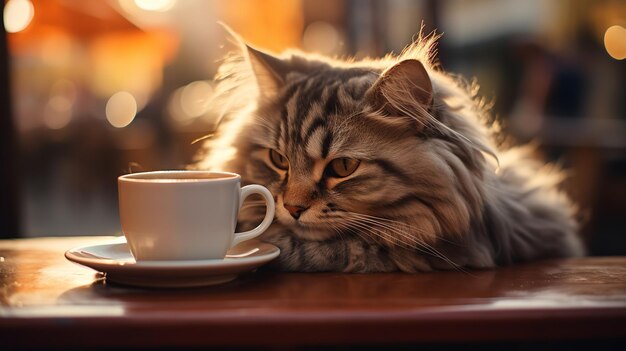 Cat spends the mornings sipping coffee in a caf refreshment Generative AI