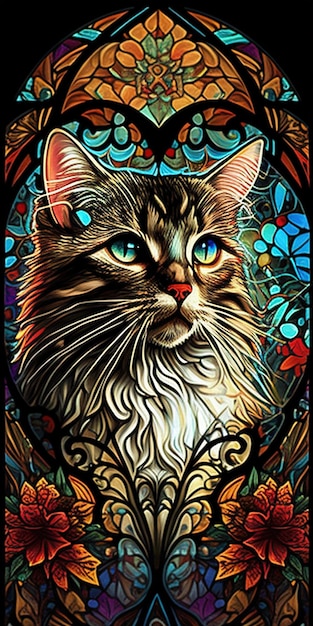 The cat on stained glass illustration depicts a feline figure surrounded by colorful and intricate stained glass patterns The image evokes a sense of elegance and mystery