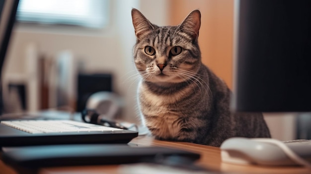 Cat standing at a contemporary office using laptop Generative AI