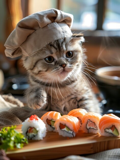 Cat standing on cutting board with sushi