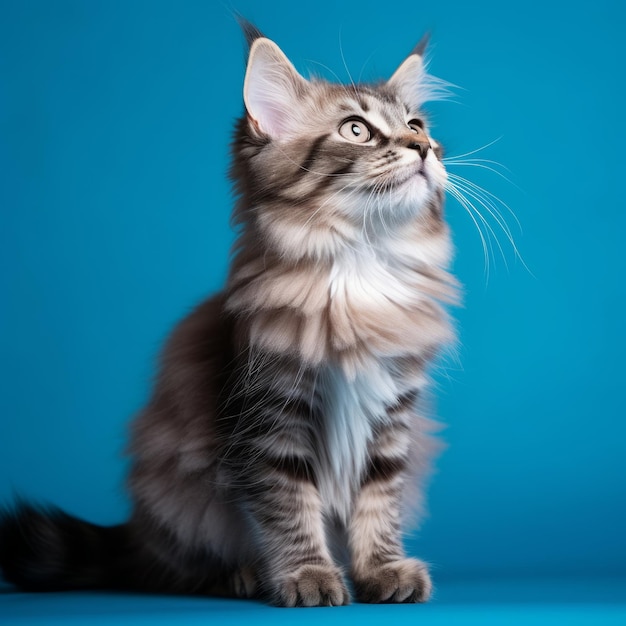 A cat standing isolated in a blue background