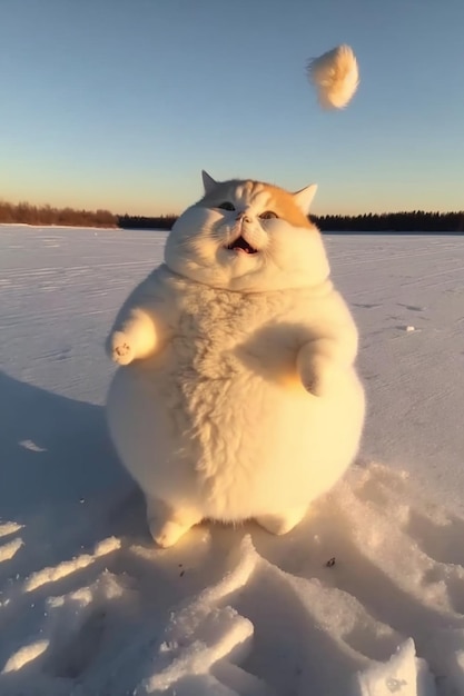 Cat standing on its hind legs in the snow generative ai