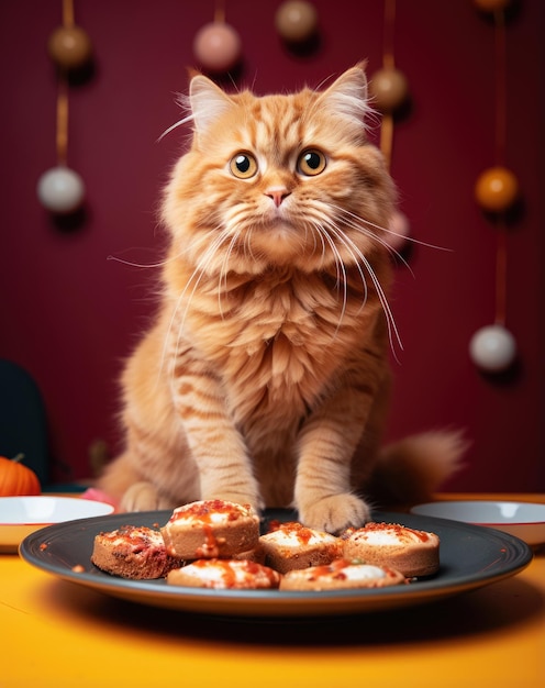 a cat standing on a plate of food