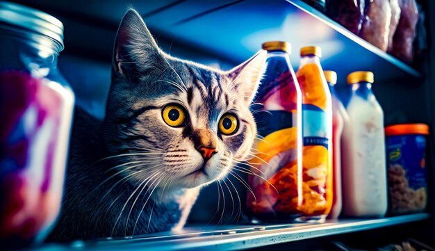 Cat standing on shelf next to bunch of bottles of juice Generative AI