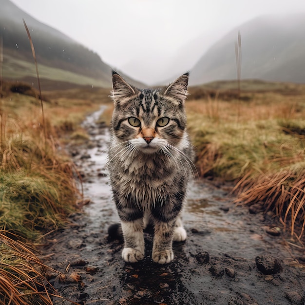 A cat standing in a stream with the word " on it "