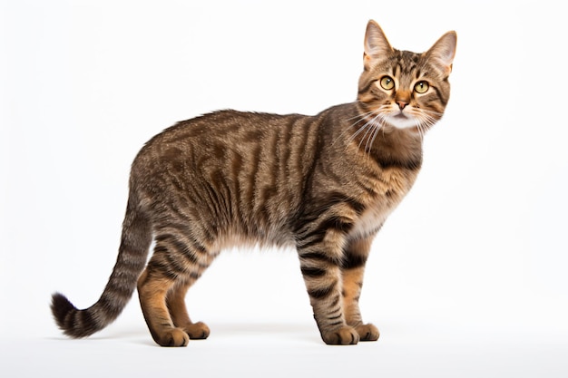 a cat standing on a white surface looking at the camera