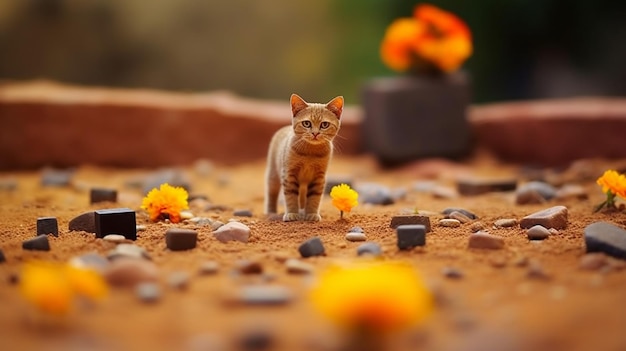 A cat stands in the dirt with flowers in the background.