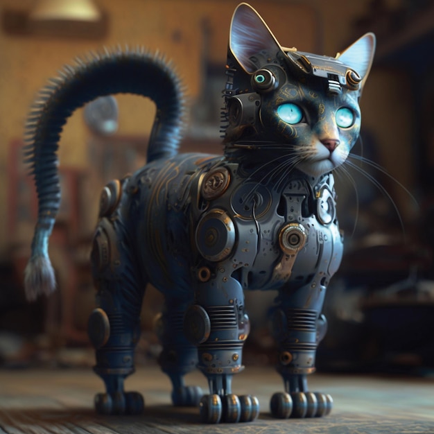 A cat statue with blue eyes and a robot body.