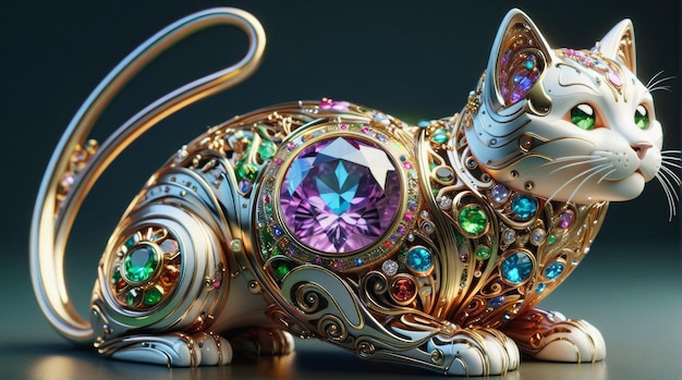 a cat statue with a purple diamond on its head