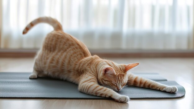 Photo cat stretches on yoga mat in cozy room ambiance