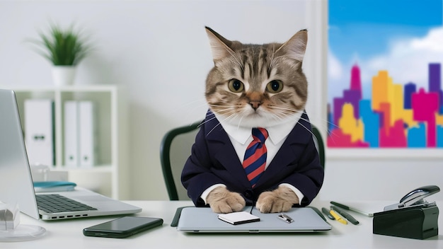 a cat in a suit sits on a laptop and looks at a book