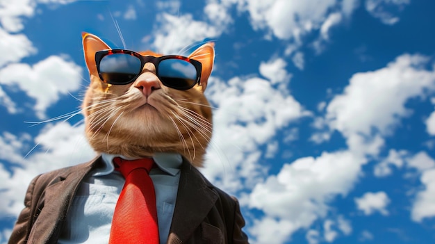 Cat in Suit and Sunglasses against Cloudy Sky