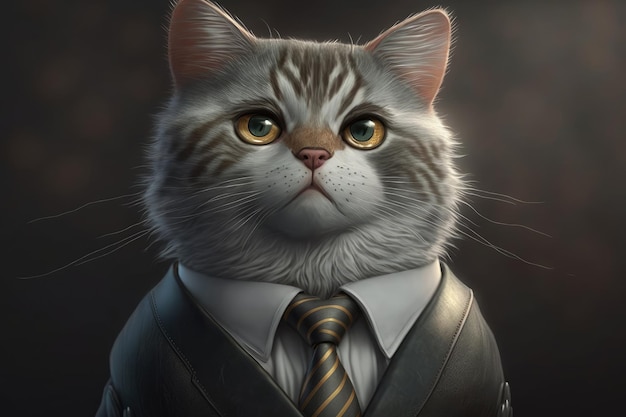 A cat in a suit with a tie that says'cat'on it