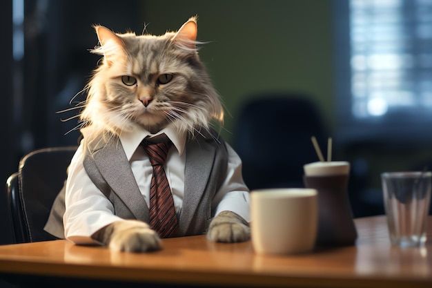 A cat in a suit works in the office having coffee in photography style