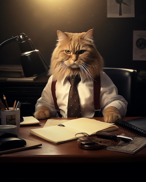 A cat in a suit works in the office having coffee in a photography style