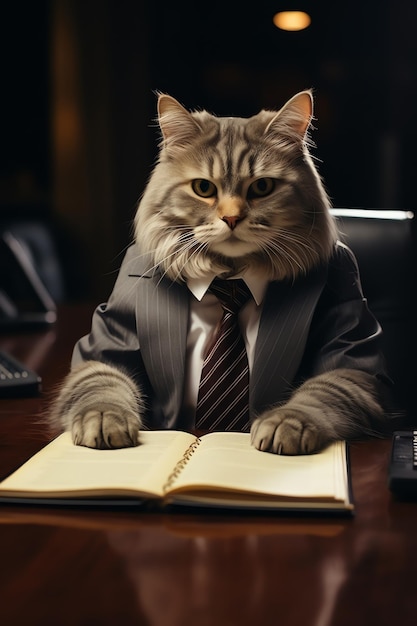 A cat in a suit works in the office having coffee in a photography style