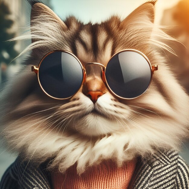 A cat in sunglasses looks straight ahead on a plain background Closeup portrait cat