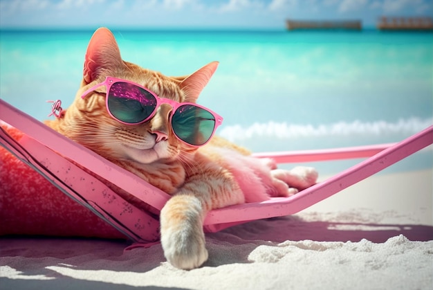 Cat in sunglasses lying sunbathing on the beach