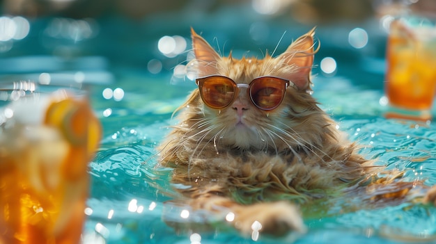 A cat in sunglasses swimming in a pool with cocktails exuding contentment and humor A playful vacati