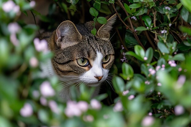 Cat surrounded by delicate flowers