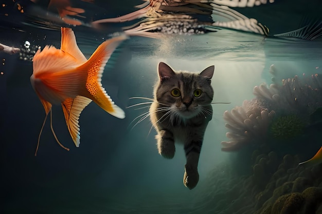 A cat swimming under a fish