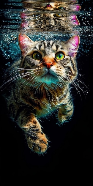 A cat swimming under water with the title cat.