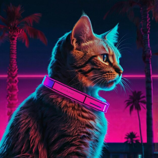 Photo cat synthwave vaporwave style under neon light conceptual and fun character design sublime