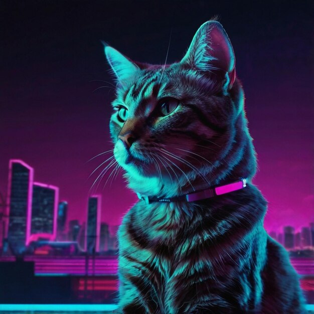 Cat synthwave vaporwave style under neon light conceptual and fun character design Sublime