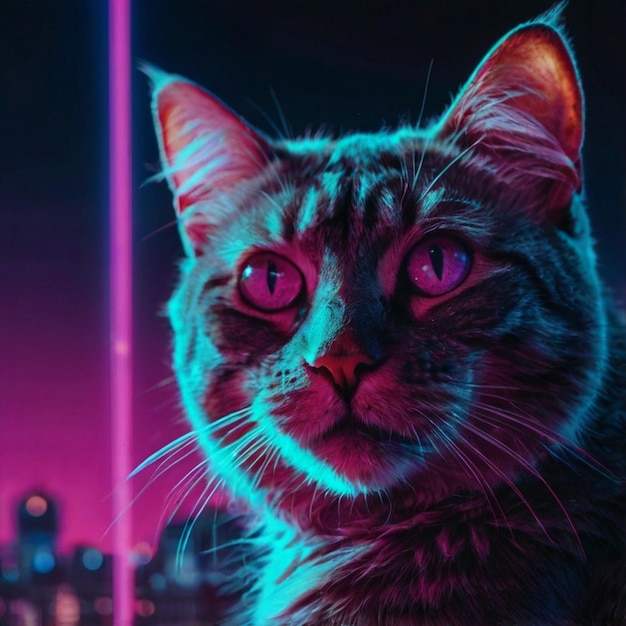 Cat synthwave vaporwave style under neon light conceptual and fun character design Sublime