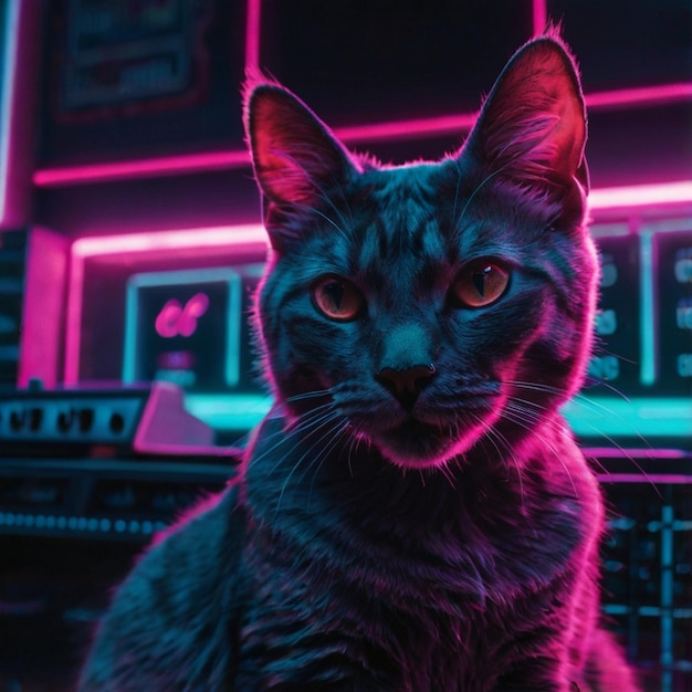 Cat synthwave vaporwave style under neon light conceptual and fun character design Sublime