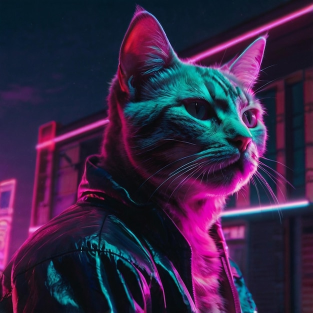 Cat synthwave vaporwave style under neon light conceptual and fun character design Sublime