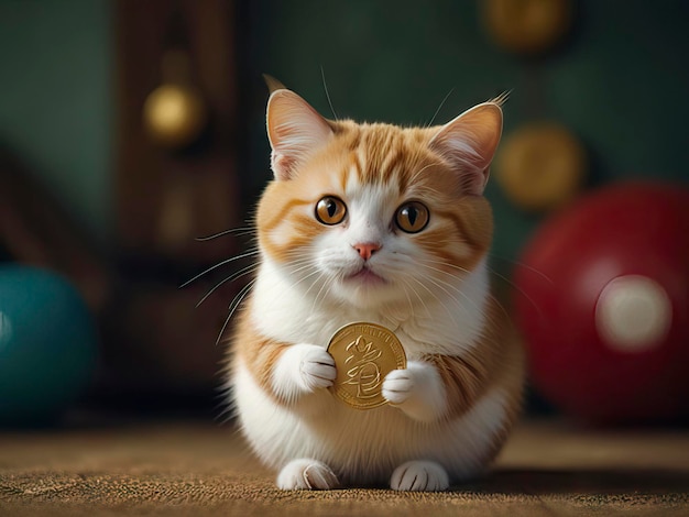 a cat that is holding a gold coin that says  the year