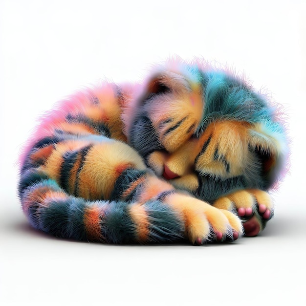 A cat that is multicolored and has a pink stripe on its fur.