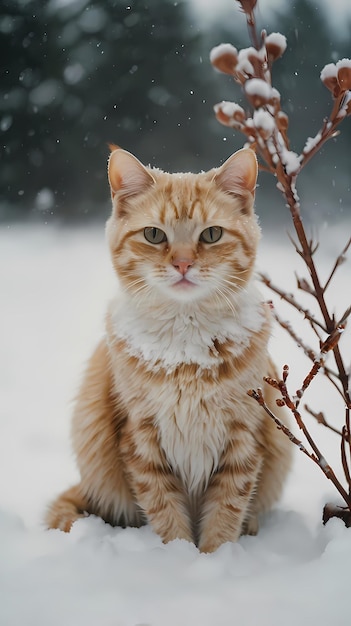 A cat that is outside in the snow