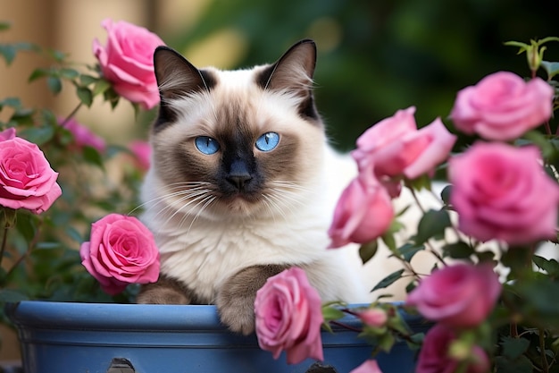 cat that is sitting in a flower pot Ai photo