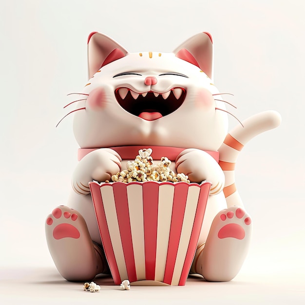 a cat that is sitting in front of a popcorn