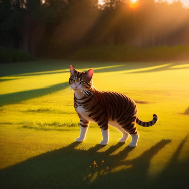 A cat that is standing in the grass with the sun shining through the clouds.